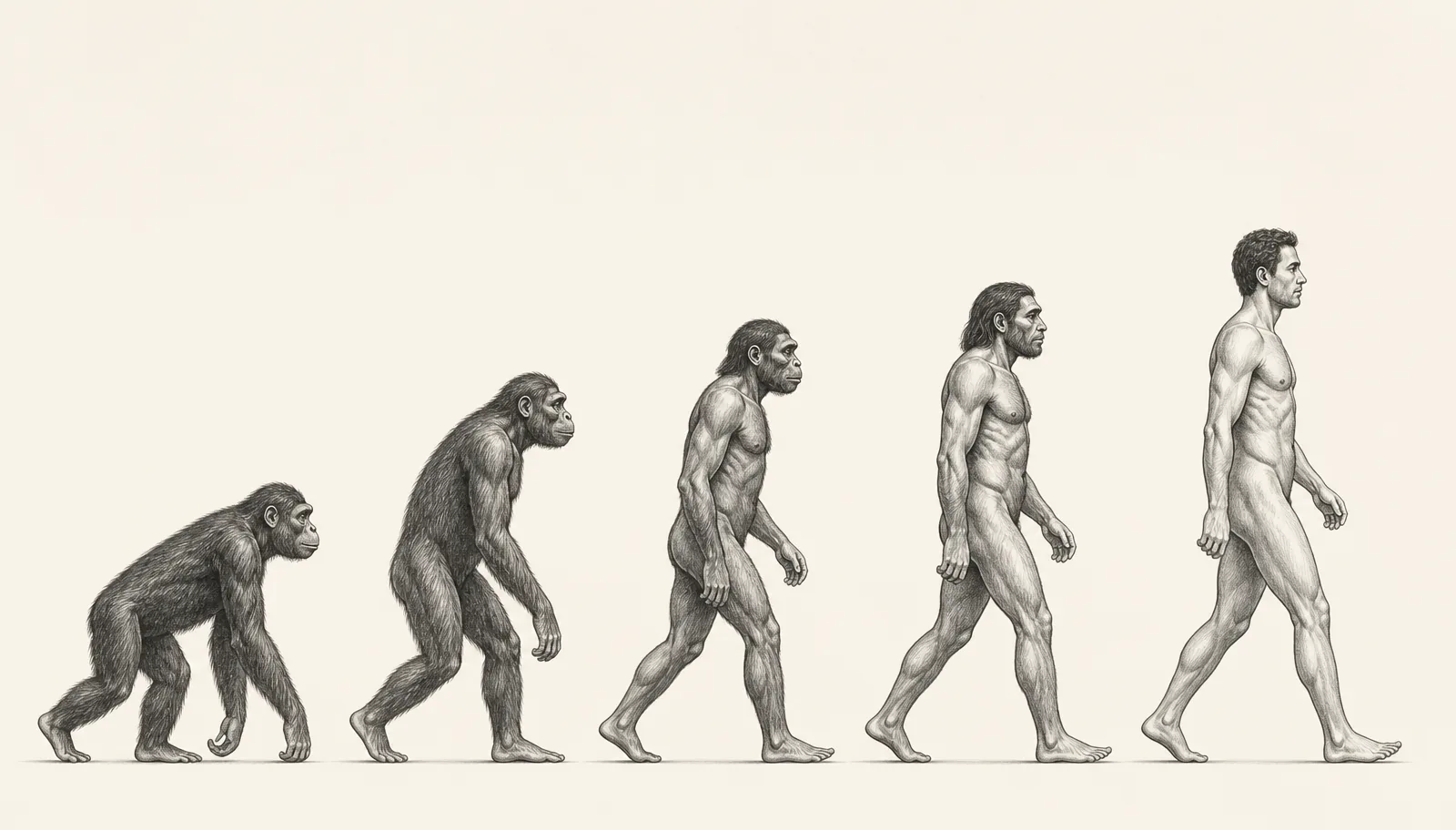Tekening van de menselijke evolutie: van aap tot rechtopstaande mens